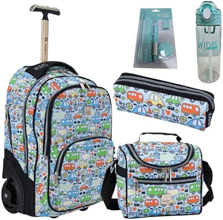 WIRES Trolley School bag 5 PCS set All in One 2 WHEEL Rolling Bag Incloude Pencil case, Lunch bag and trolley bag, Laptop Compartment, Anti Theft Zipper