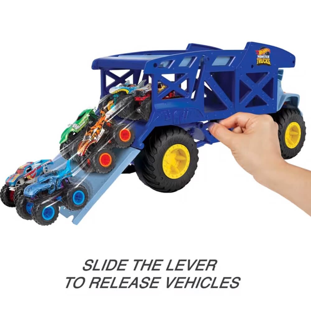 Hot Wheels Monster Trucks Monster Mover Rhino, Toy Car Hauler, Holds 12 1:64 Scale Monster Trucks or 32 Hot Wheels, with Ramp Launch, Gift for Kids 3 Years & Up, Multi