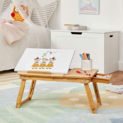 SONGMICS Laptop Desk, Folding Lap Tray, Bamboo Bed Desk with Tilting Top