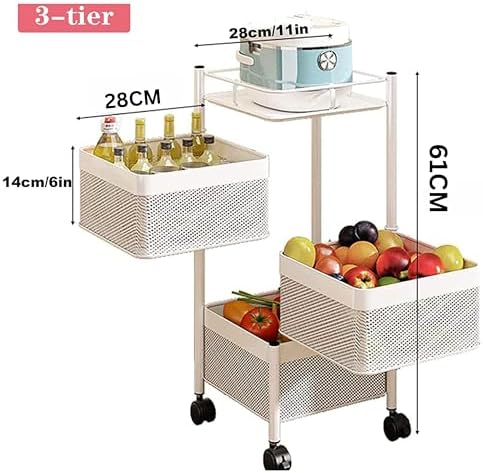 Prince horizon Multi-Layer Kitchen Storage Shelf, Rotatable Kitchen Fruit Vegetable Storage Basket, Storage Rack Floor Standing, (White, 28x28x61 CM)