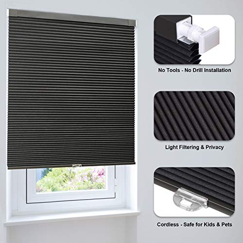 LazBlinds Cordless Cellular Shades, No Tools No Drill Blackout Honeycomb Shades Pleated Blinds for Windows, 25" W x 64" H, Midnight Black