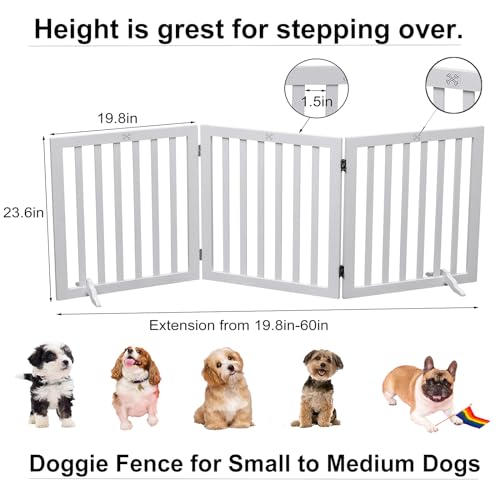 بوابة خشبية للكلاب، بوابة مستقلة للحيوانات الأليفة، سياج قابل للطي للكلاب، 3 ألواح، ارتفاع 60 سم، أبيض