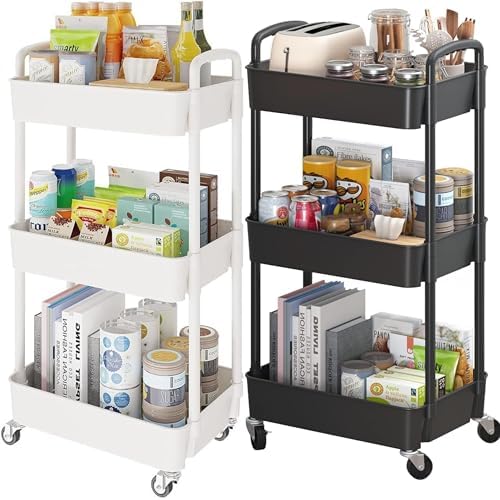 Prince horizon 2-3Tier Utility Rolling Cart Foldable Metal Cart with Caster Wheels Rolling Multifunction Storage Unit with Locking Wheels for Bathroom Kitchen Office (White, 30x46x76 CM)