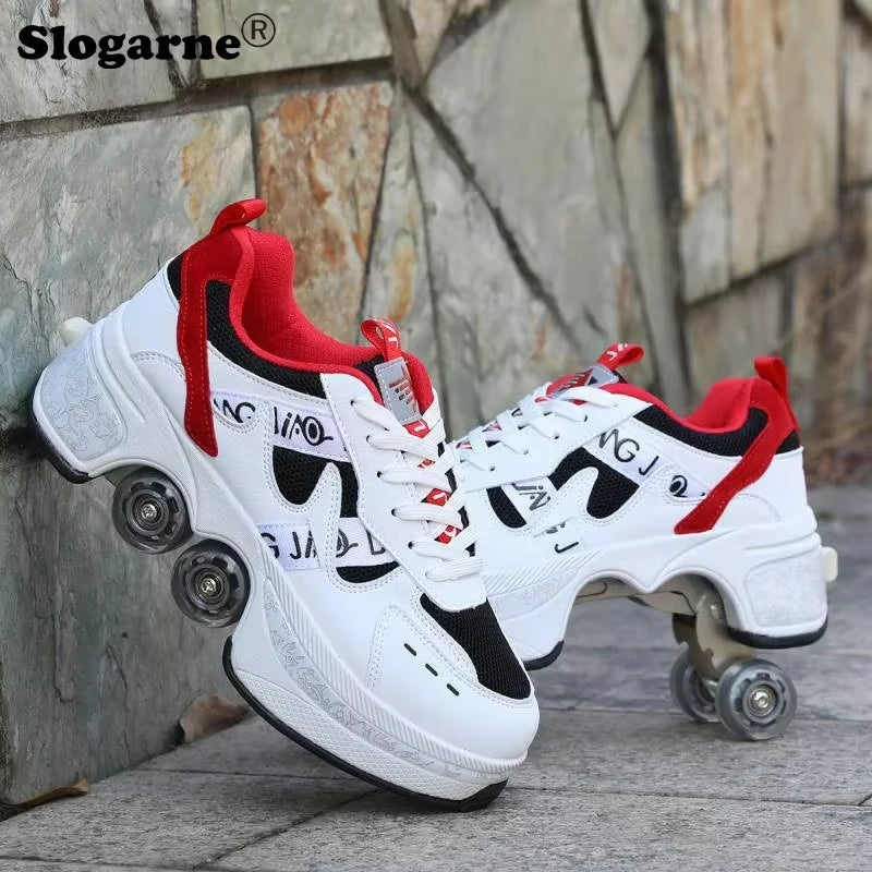 Boy Four Wheels Skate Shoes Double Rows Roller Men Inline Skates Walking Casual Sports Sneakers Kids' Deformation Roller Skates