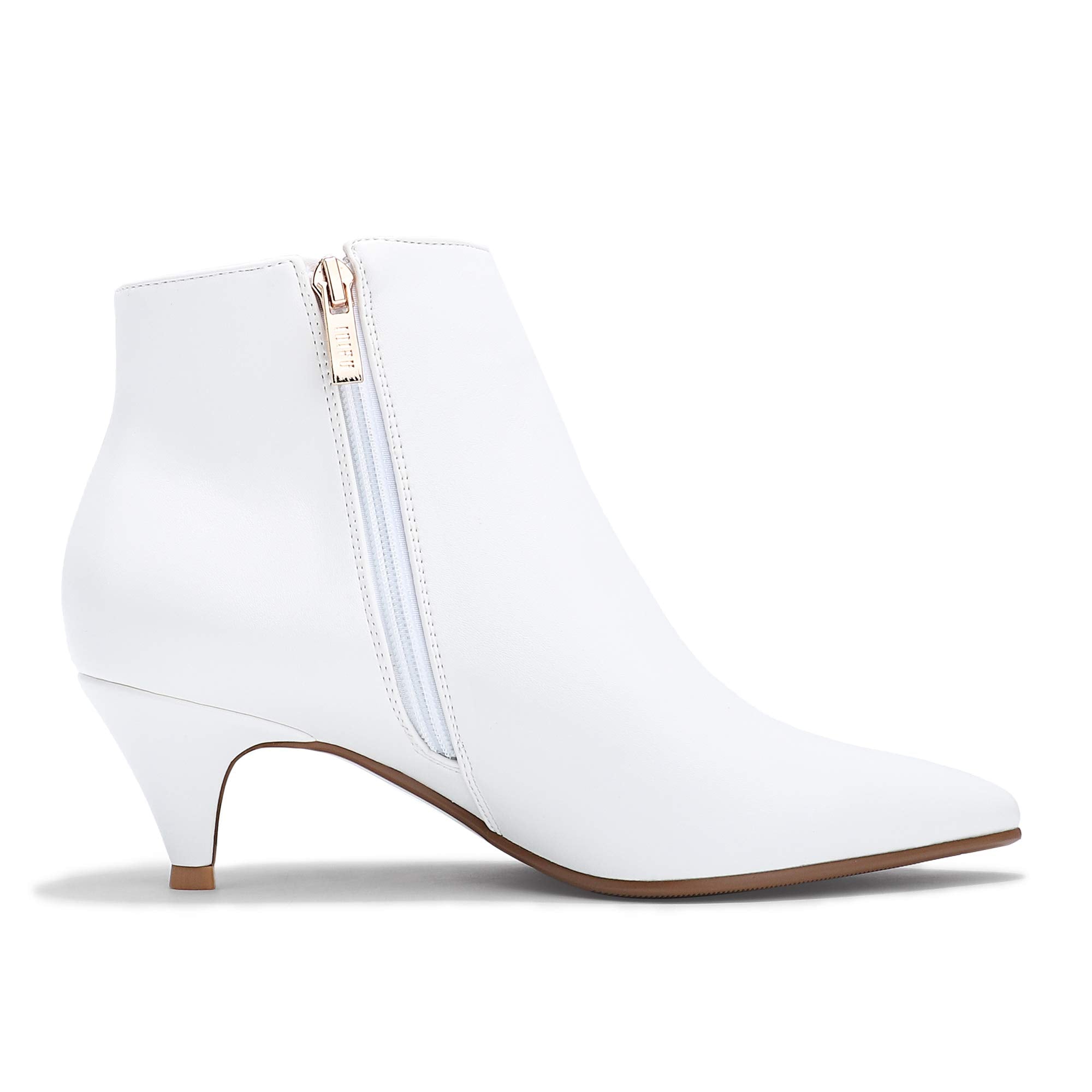 IDIFU Women Booties Low Kitten Heel Ankle Boots Pointed Toe Short Boots Dress Sexy Shoes(White Pu)
