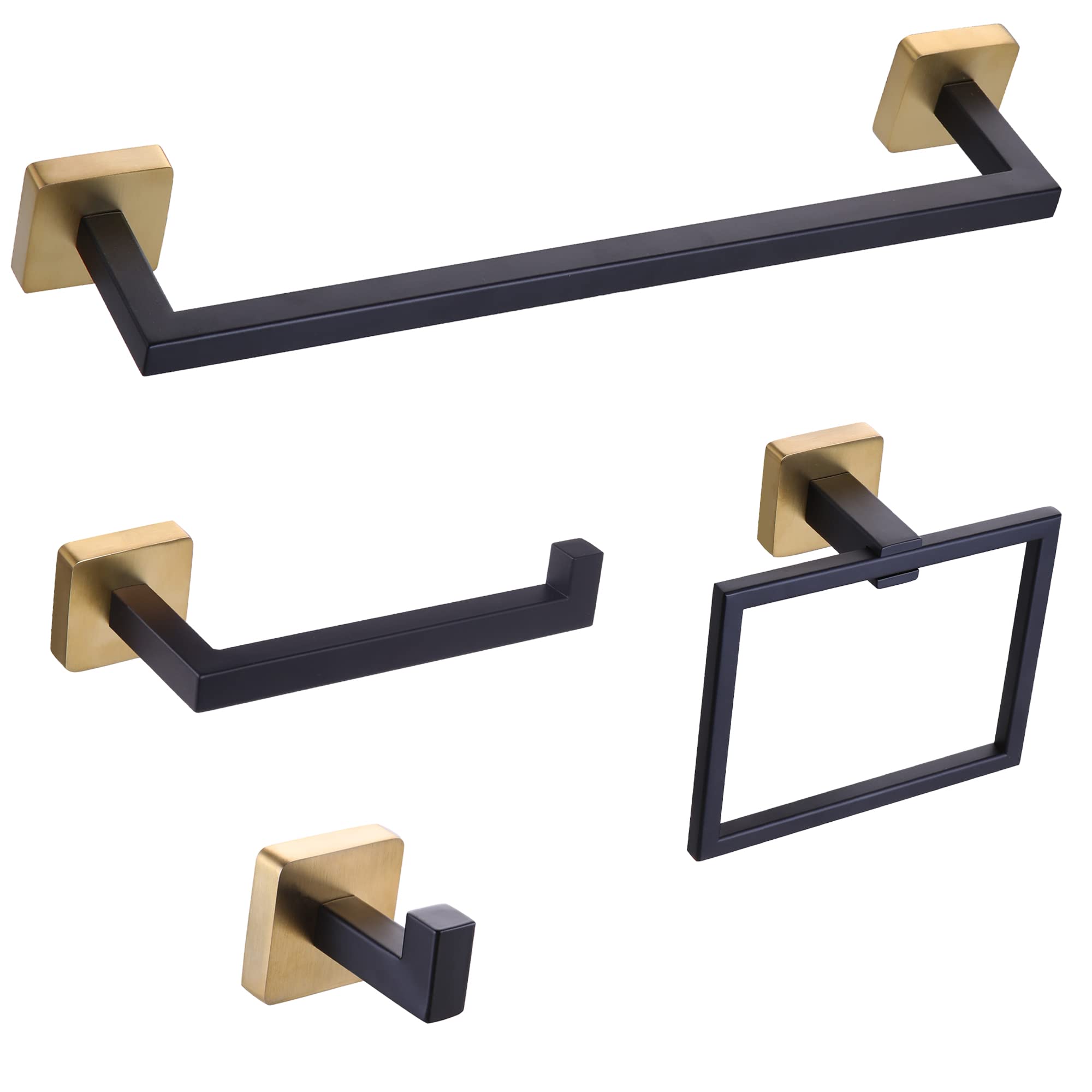 Ntipox 4 Pieces Black and Brushed Gold Bathroom Hardware Accessories Set,Stainless Steel Square 16" Hand Towel Bar Set Gold, Towel Rack Set Wall Mounted