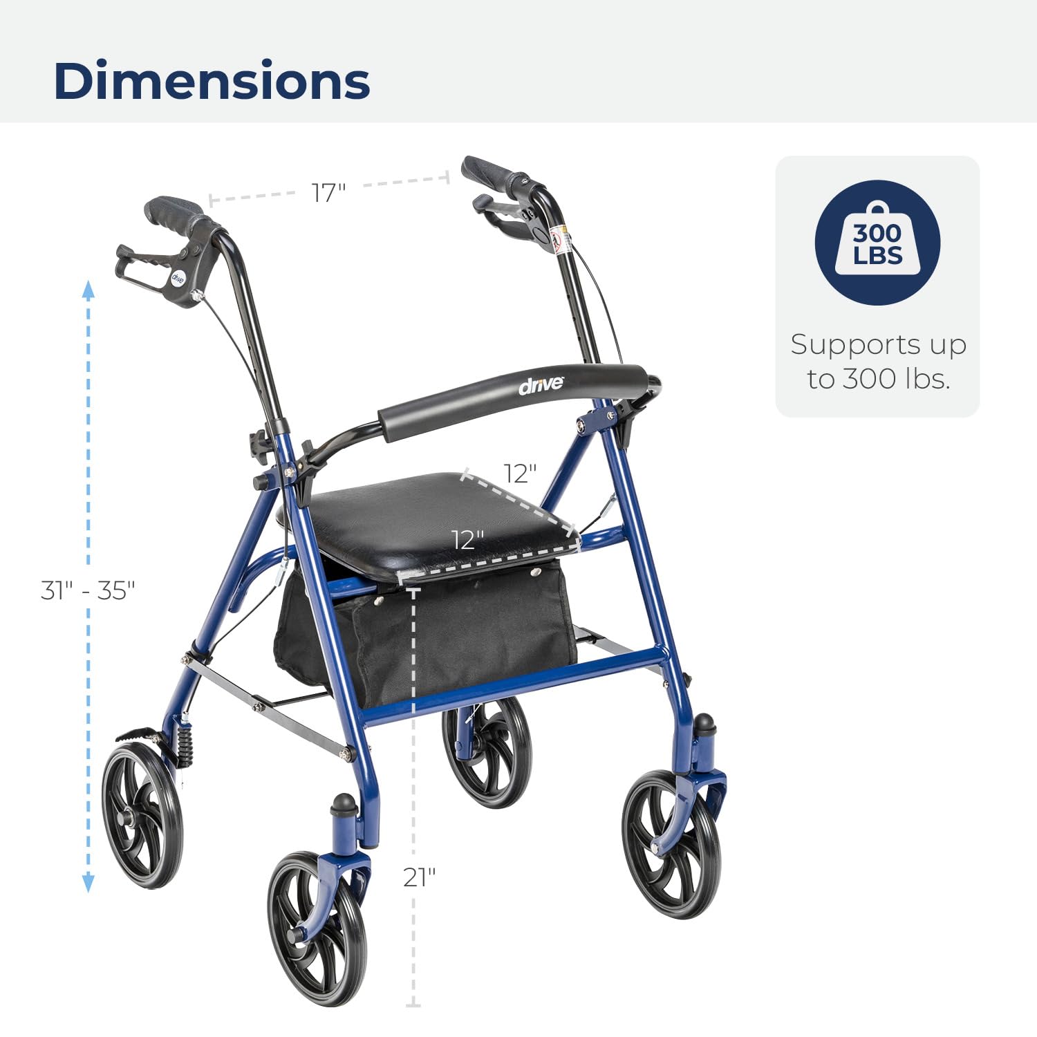 Drive Medical Wheel Rollator Walker With Seat, Steel Rolling Walker, Blue-2