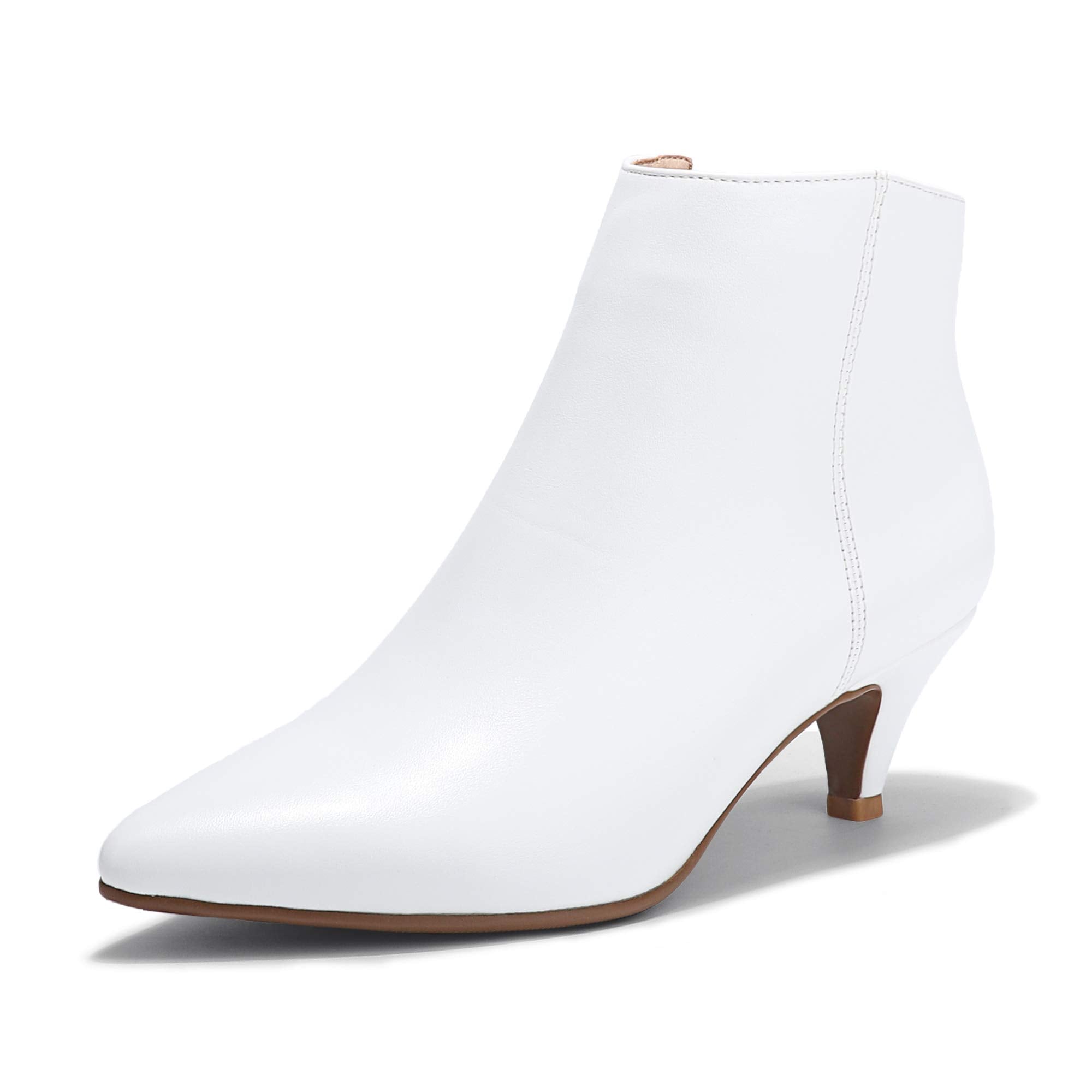 IDIFU Women Booties Low Kitten Heel Ankle Boots Pointed Toe Short Boots Dress Sexy Shoes(White Pu)