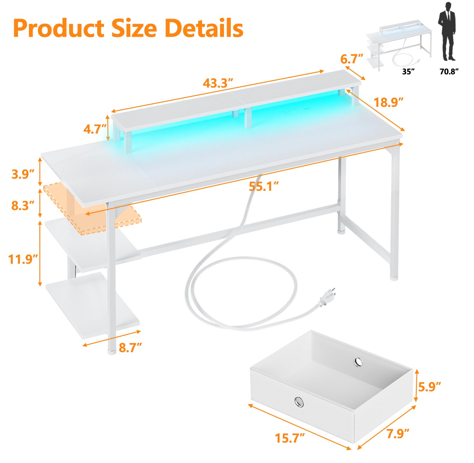 Furologee White Gaming Desk with Charging Station and LED Lights, 140 cm