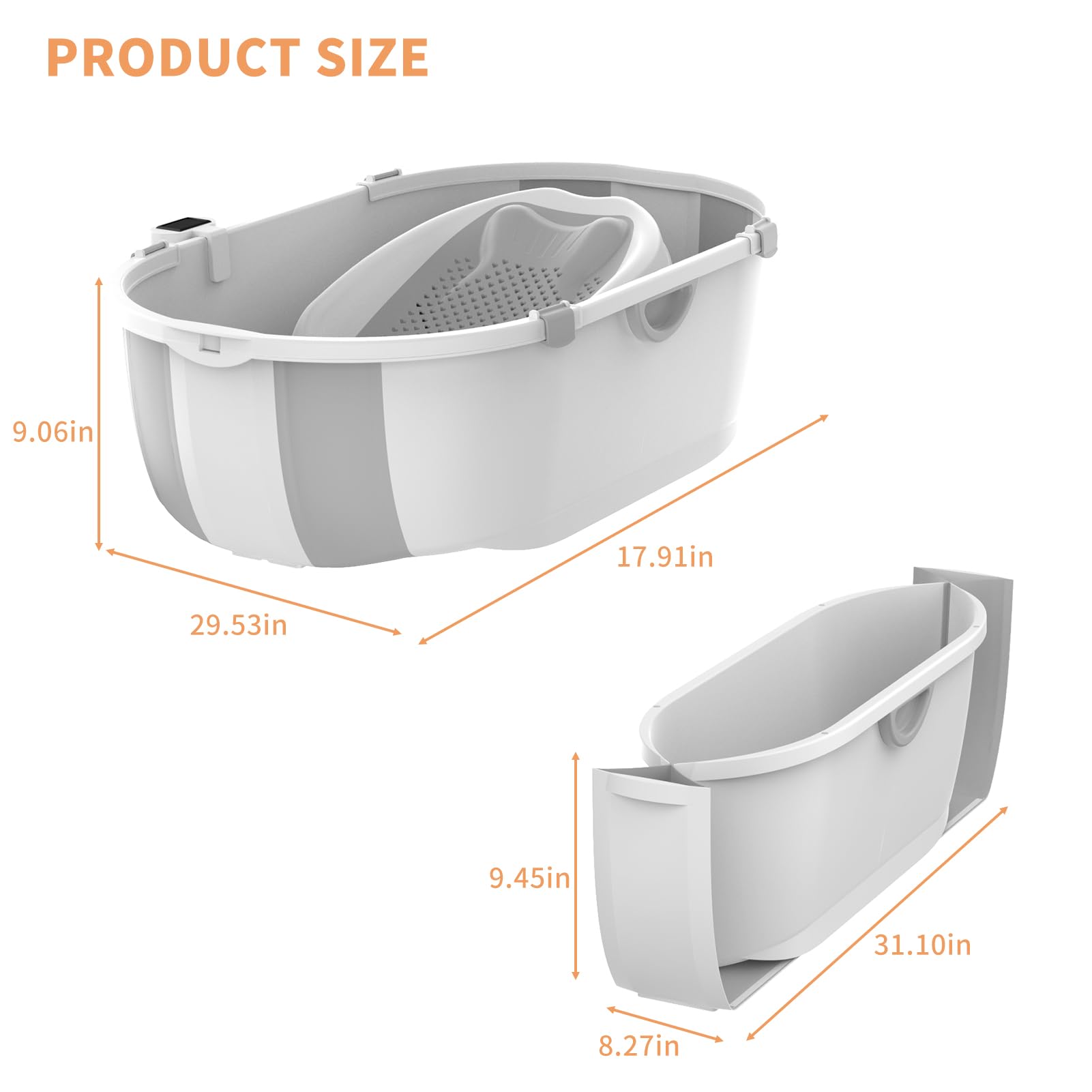 حوض استحمام قابل للطي للأطفال مع مقياس حرارة ومخرج تصريف، مناسب للأطفال من عمر 0 إلى 5 سنوات وحتى الأطفال الصغار (رمادي)