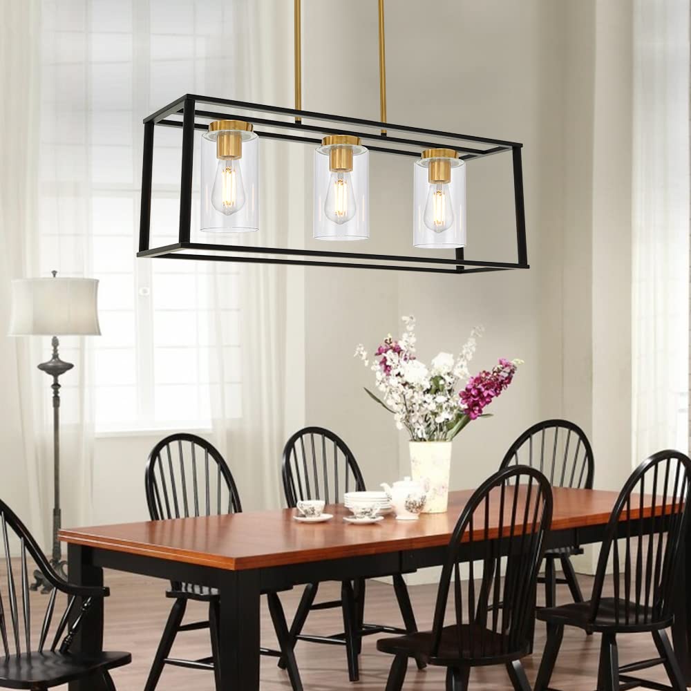 ثريات VINLUZ الصناعية بثلاث مصابيح مع غطاء زجاجي شفاف من النحاس المصقول والأسود