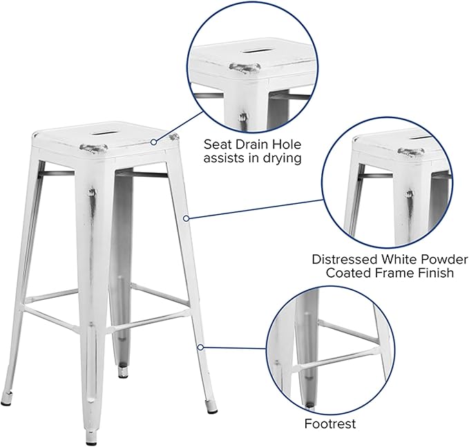 Flash Furniture Kai Commercial Grade 30" High Backless Distressed White Metal Indoor-Outdoor Barstool