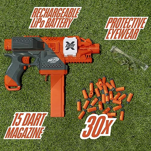 NERF Pro Stryfe X Dart Semi-Auto Blaster, Rechargeable LiPo Battery, 30 AccuStrike Half-Length Darts, 15-Dart Magazine, 150 FPS, Eyewear, 14+ (Amazon Exclusive)
