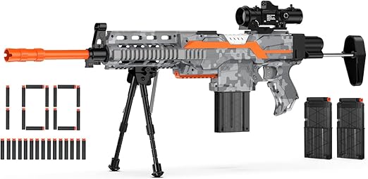 Launcher Automatic Toy Gun Sniper with Scope - 3 Modes Toy Foam Blasters with Bipod, 2 Magazine Clips, 100 Bullets, DIY Toys for Boys Kids Age 6-12 (Grey)