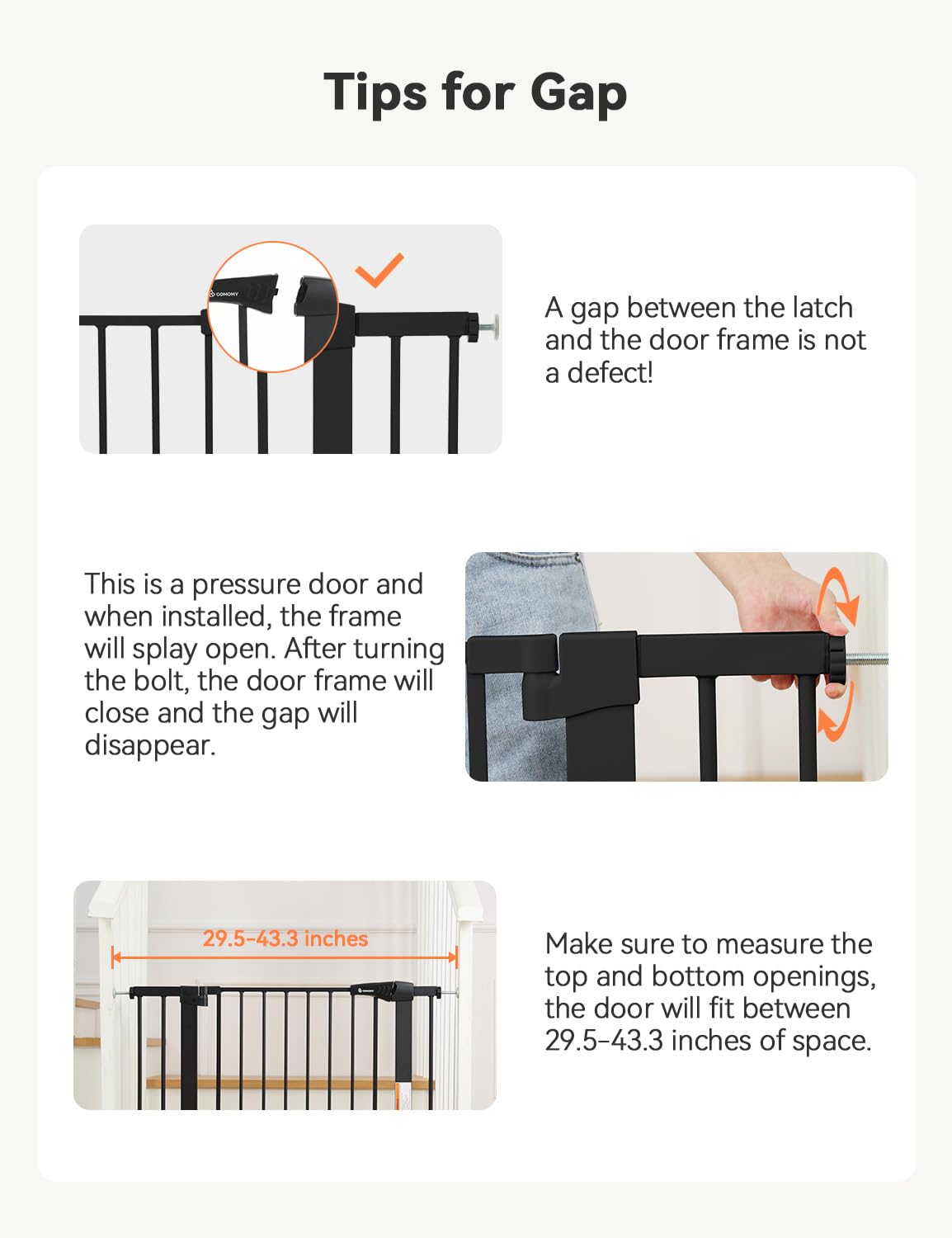 بوابة أمان للأطفال من كومومي، بعرض إضافي 29.5-43.3 بوصة، بوابة للكلاب تُغلق تلقائيًا، مناسبة لأبواب المنزل والسلالم، مزودة بضغط، سهلة المرور من خلالها، بوابة للحيوانات الأليفة، تتضمن امتدادًا بطول 2.75 بوصة و8.25 بوصة، لون أسود