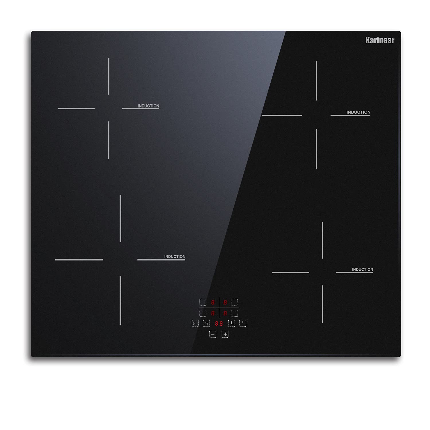 Karinear 24 Inch Induction Cooktop 4 Burner Electric Cooktop, Drop-in Induction Burner with Timer and Child Lock, Pause Function, Vitro Ceramic Glass, 220-240V, 6400W, Hard Wired (No Plug)