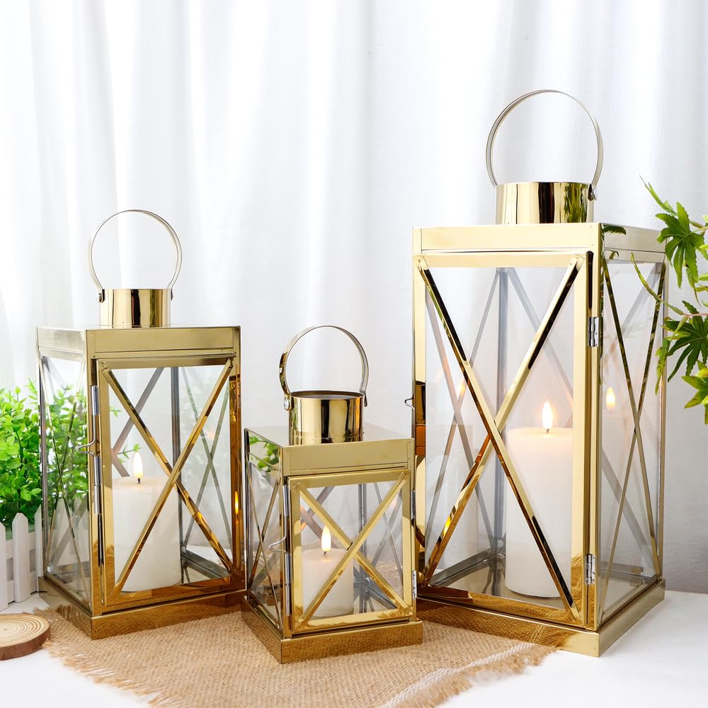 TRIROCKS Gold Stainless Steel Lantern Set of 3-Square Elegance 20 / 30 / 40 cm