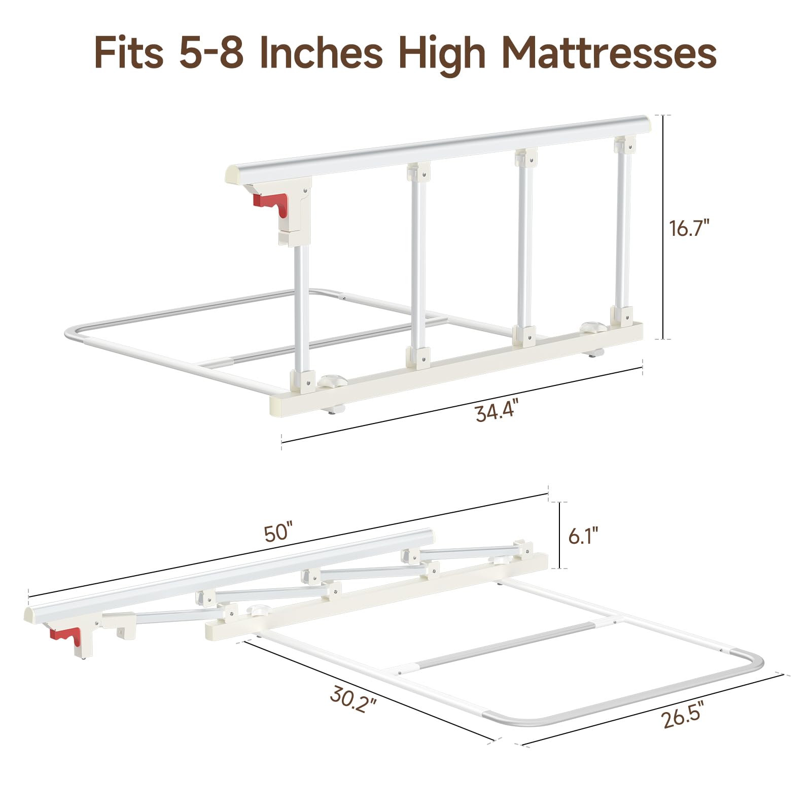 درابزين سرير WAYES لكبار السن (34 بوصة × 16 بوصة)، درابزين جانبي قابل للطي للسرير كامل الحجم، سرير كوين، سرير كينج، واقي أمان، متين، تركيب بدون أدوات