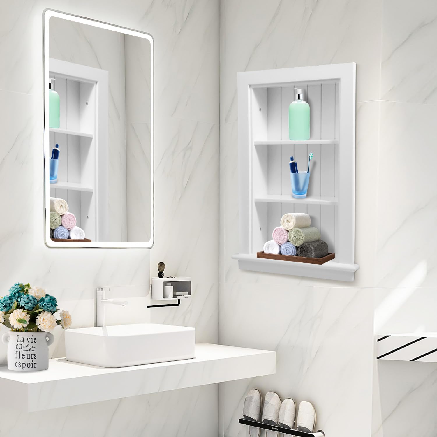 Potter-Island 14 x 24 Medicine Cabinet Recessed, Wall Niche, Bathroom Wall Cabinet, 3-Tier, Between Studs Shelving for Drywall, White