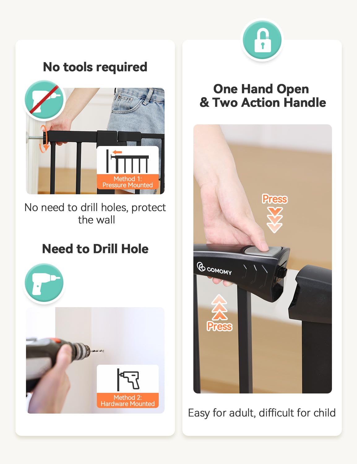 بوابة أمان للأطفال من كومومي، بعرض إضافي 29.5-43.3 بوصة، بوابة للكلاب تُغلق تلقائيًا، مناسبة لأبواب المنزل والسلالم، مزودة بضغط، سهلة المرور من خلالها، بوابة للحيوانات الأليفة، تتضمن امتدادًا بطول 2.75 بوصة و8.25 بوصة، لون أسود