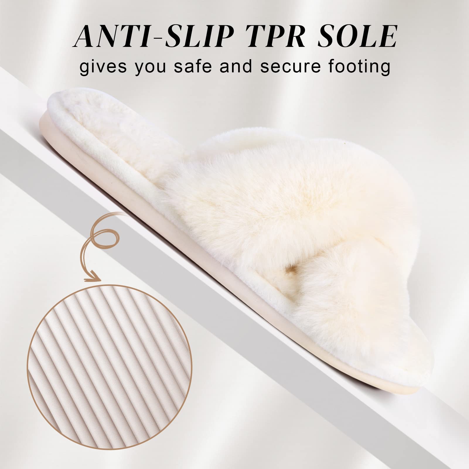 SIZE: 38-39 - Women's Cross Band Slippers Soft Plush Furry Cozy Open Toe House Shoes Indoor Outdoor Faux Rabbit Fur Warm Comfy Slip On Breathable (off-white)