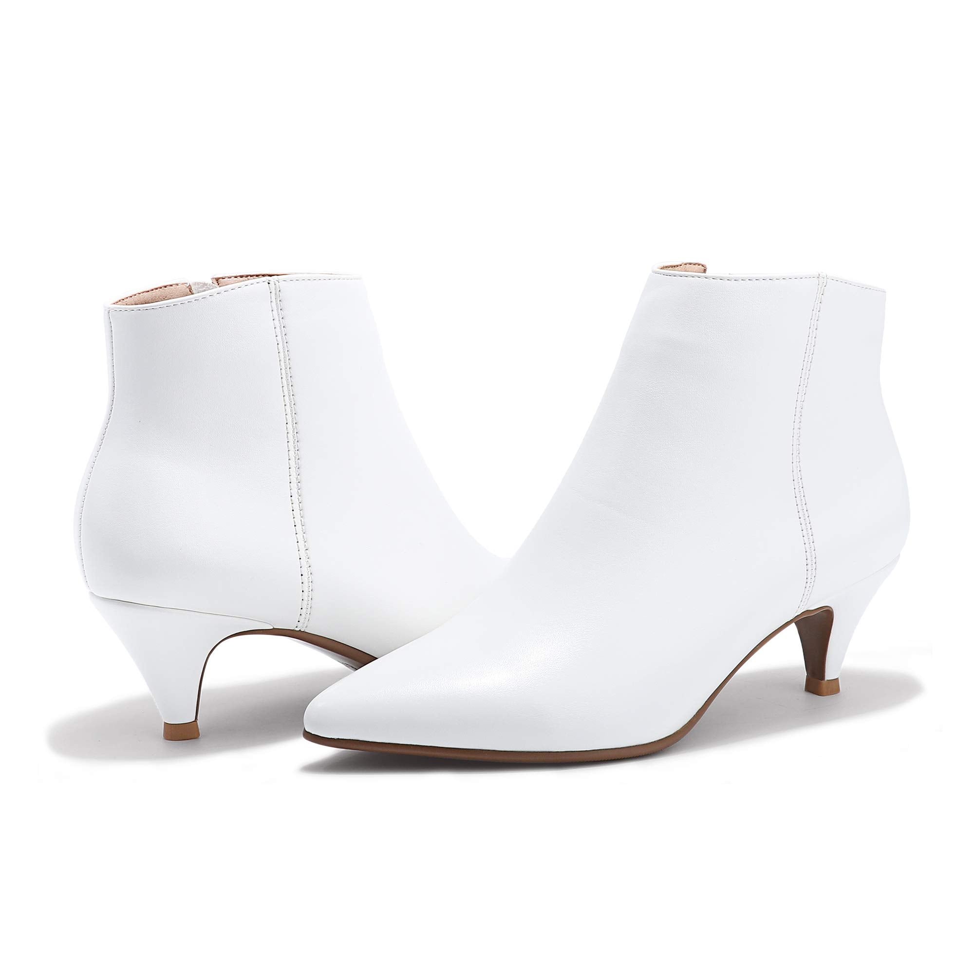 IDIFU Women Booties Low Kitten Heel Ankle Boots Pointed Toe Short Boots Dress Sexy Shoes(White Pu)