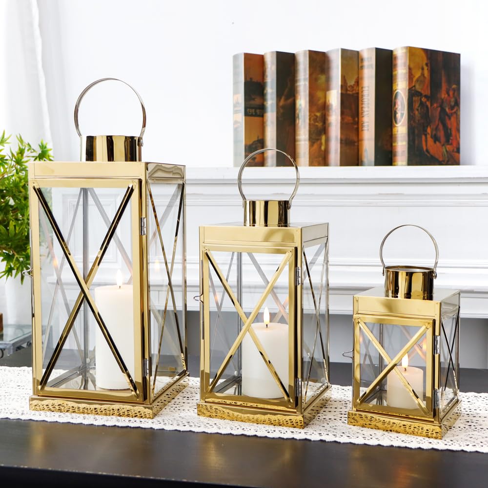 مجموعة فوانيس TRIROCKS الذهبية المصنوعة من الفولاذ المقاوم للصدأ، مكونة من 3 قطع مربعة أنيقة 20 / 30 / 40 سم