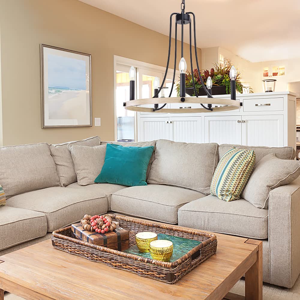 ثريات Wellmet الريفية للمدخل، ثريا شموع ريفية حديثة بخمسة مصابيح على شكل عجلة عربة