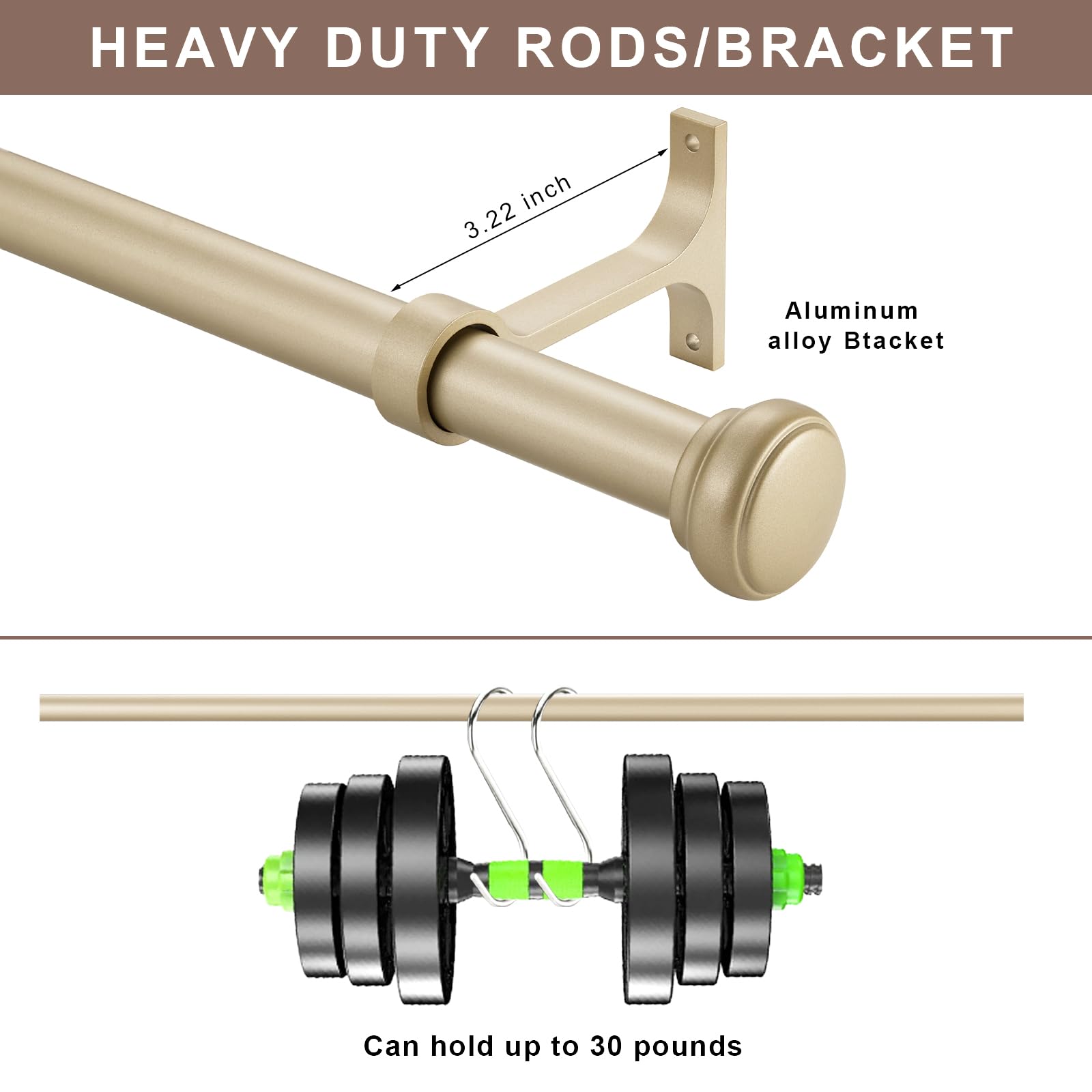 قضيب ستارة ثقيل، مجموعة من قطعتين من قضيب الستارة القابل للتعديل للنوافذ مع غطاء دائري، ذهبي فاتح