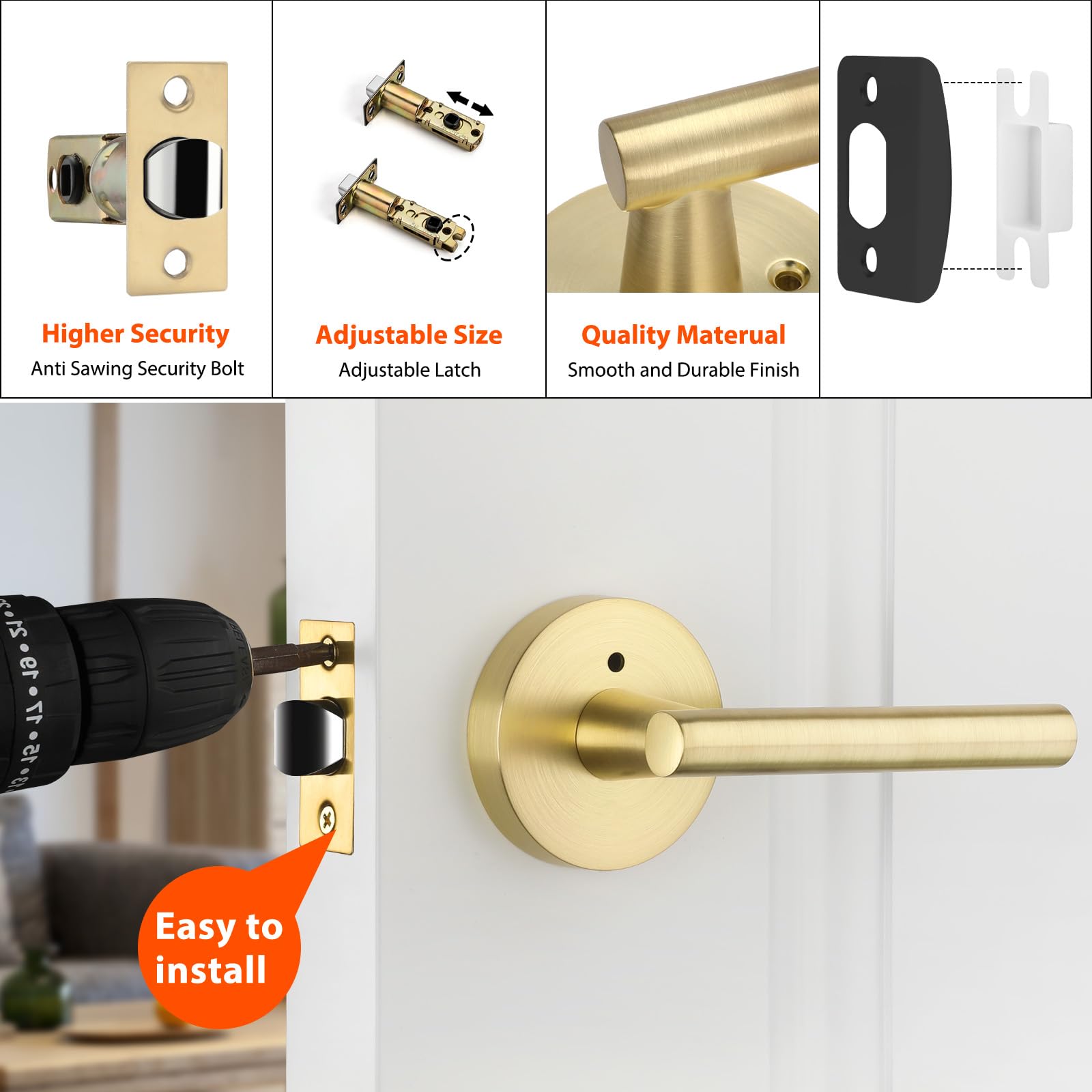 Haidms Gold Heavy Duty Door Handle Interior,Privacy Door Lever Handle, Bathroom Door Handles Interior, Modern Bedroom Door Handle