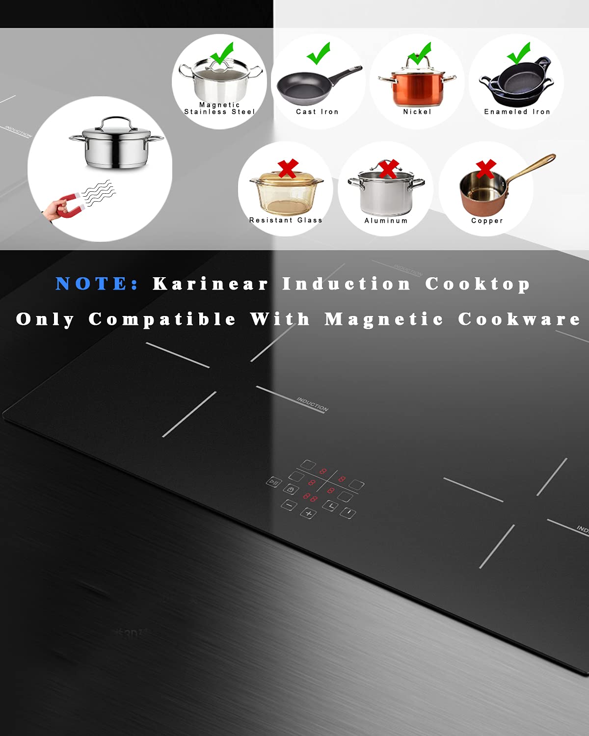 Karinear 24 Inch Induction Cooktop 4 Burner Electric Cooktop, Drop-in Induction Burner with Timer and Child Lock, Pause Function, Vitro Ceramic Glass, 220-240V, 6400W, Hard Wired (No Plug)