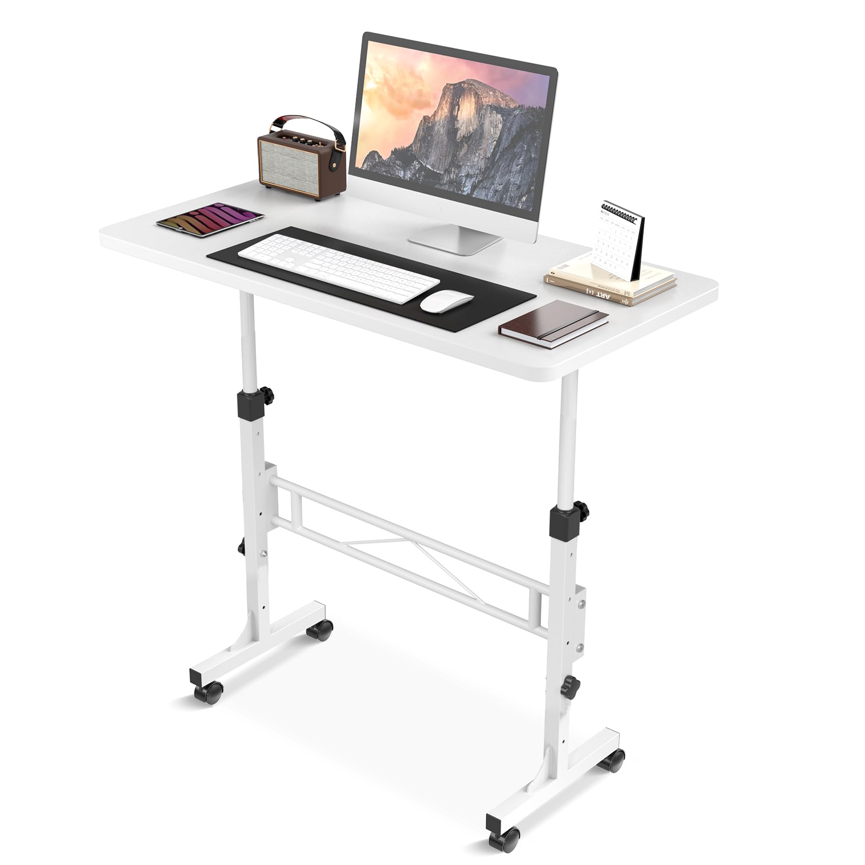 Small Standing Desk Adjustable Height, Mobile Stand Up Desk with Wheels,81 cm(white)