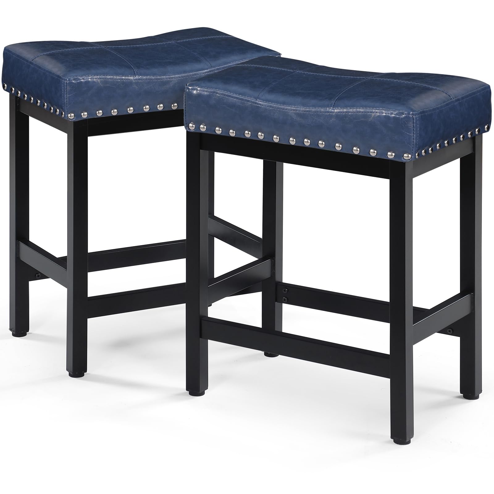 OUllUO Bar Stools Set of 2, 60 cm Counter Height Stools Saddle Stool, Blue Faux Leather Barstools with Metal Base