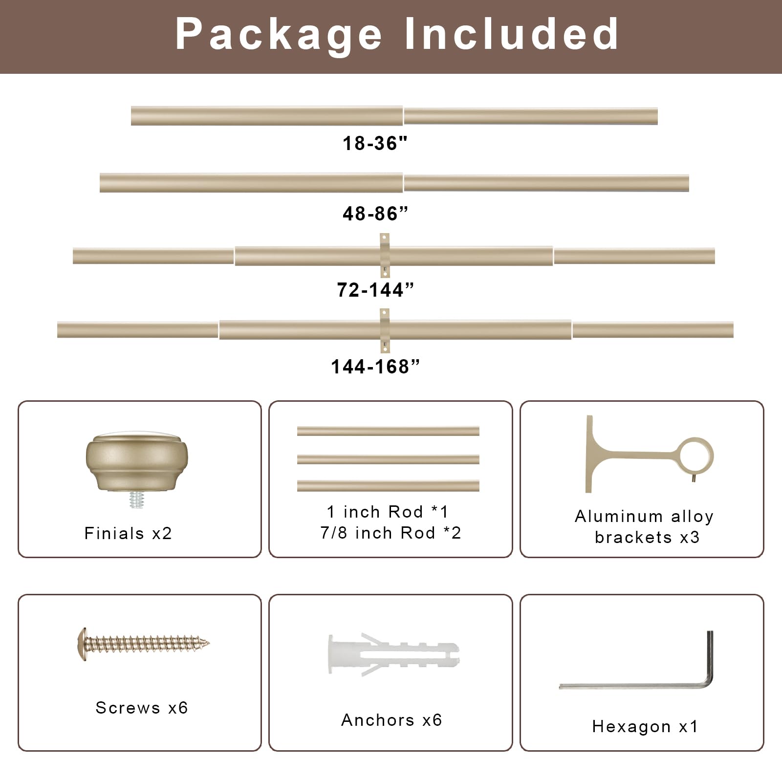 قضيب ستارة ثقيل، مجموعة من قطعتين من قضيب الستارة القابل للتعديل للنوافذ مع غطاء دائري، ذهبي فاتح