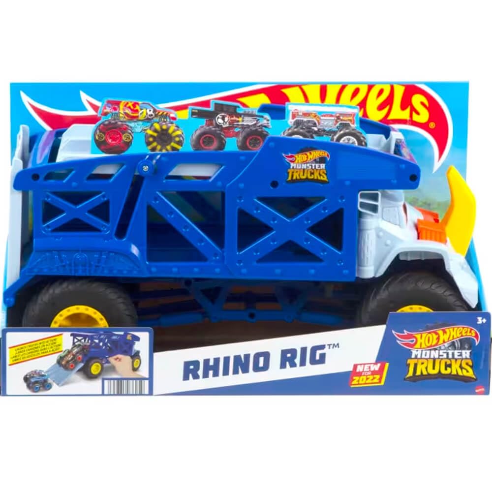 Hot Wheels Monster Trucks Monster Mover Rhino, Toy Car Hauler, Holds 12 1:64 Scale Monster Trucks or 32 Hot Wheels, with Ramp Launch, Gift for Kids 3 Years & Up, Multi