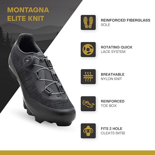 Tommaso Montagna Elite Knit Men's MTB Mountain Cycling Shoe with Quick Lace Compatible with SPD Cleats, Black