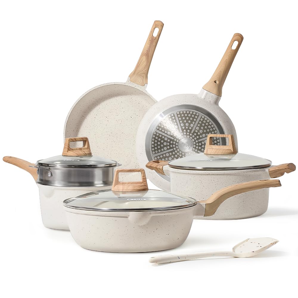 CAROTE Pots and Pans Set Nonstick, White Granite Induction Kitchen Cookware Set, 10 Pcs