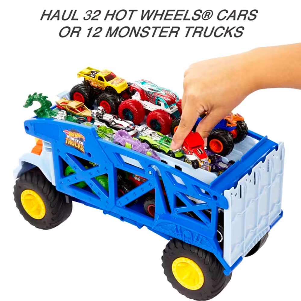 Hot Wheels Monster Trucks Monster Mover Rhino, Toy Car Hauler, Holds 12 1:64 Scale Monster Trucks or 32 Hot Wheels, with Ramp Launch, Gift for Kids 3 Years & Up, Multi