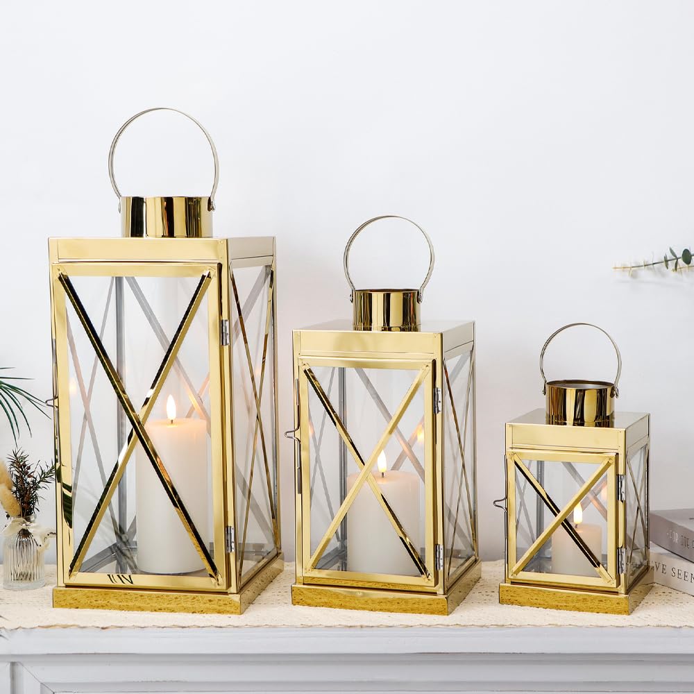 TRIROCKS Gold Stainless Steel Lantern Set of 3-Square Elegance 20 / 30 / 40 cm