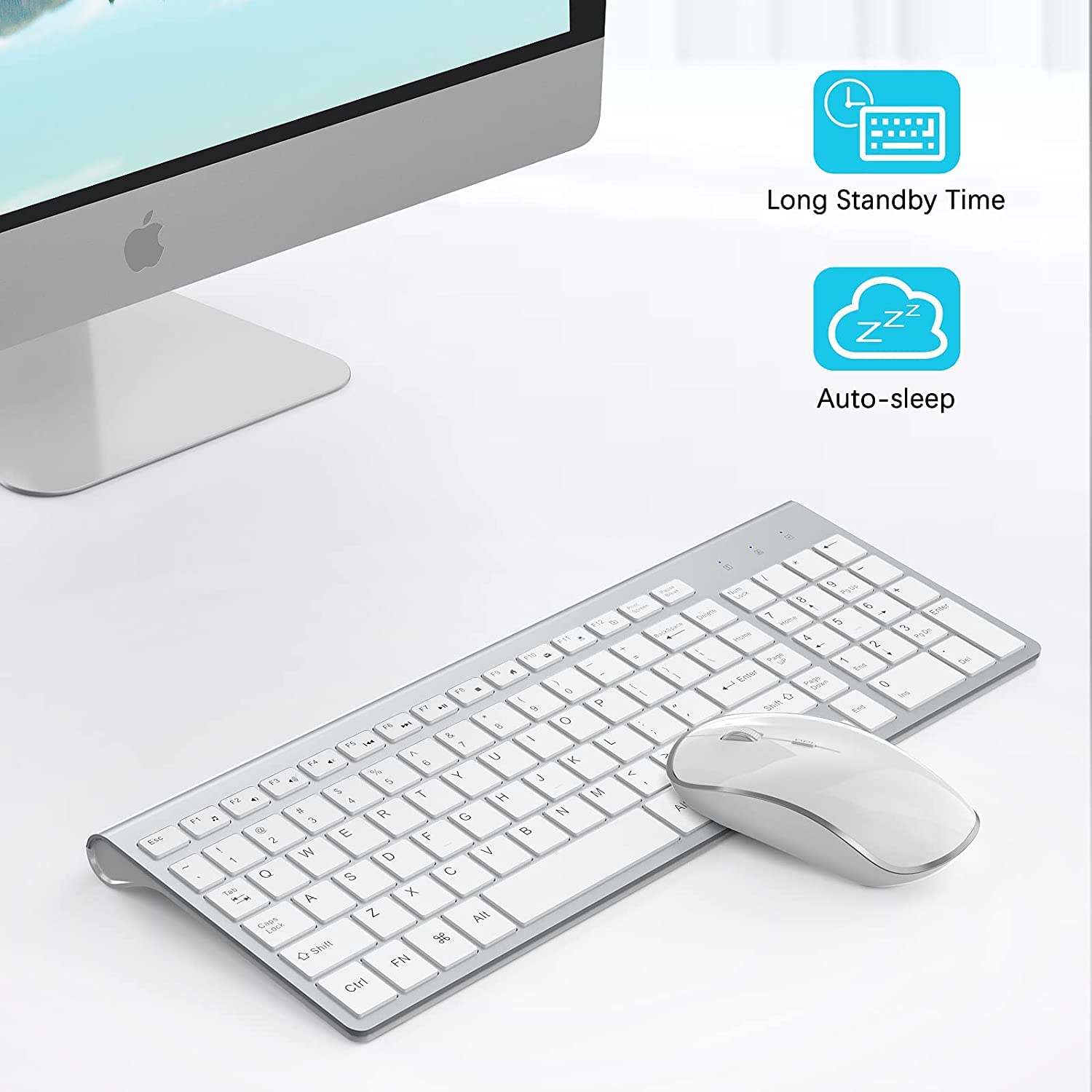 Wireless Keyboard and Mouse,J JOYACCESS USB Slim Wireless Keyboard Mouse with Numeric Keypad Compatible with iMac Mac PC Laptop Tablet Computer Windows -Silver White