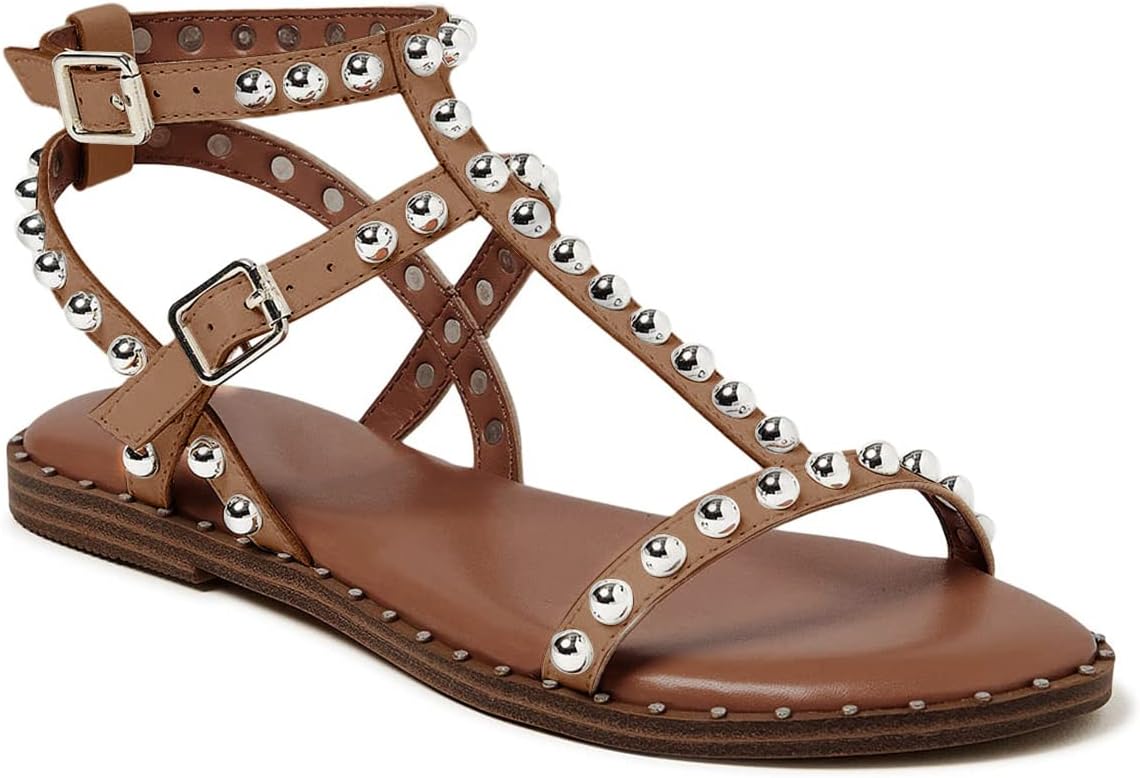SIZE: 39 - Coutgo Womens Strappy Gladiator Flat Sandal Square Open Toe Studded T Strap Rivet Slingback Buckle Beach Sandals