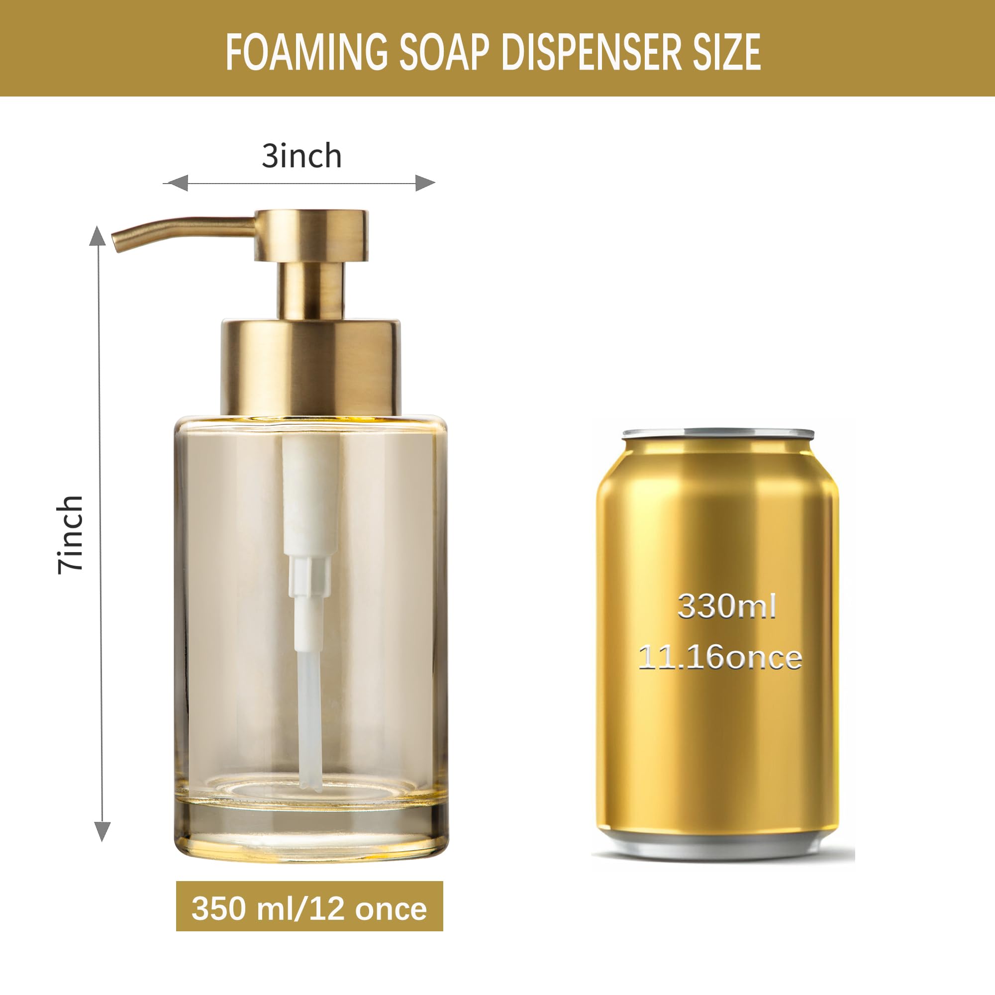 Enra Gold Foaming Soap Dispenser, 350 ml Thick Glass Bathroom Soap Dispenser (Gold Foam Dispenser)