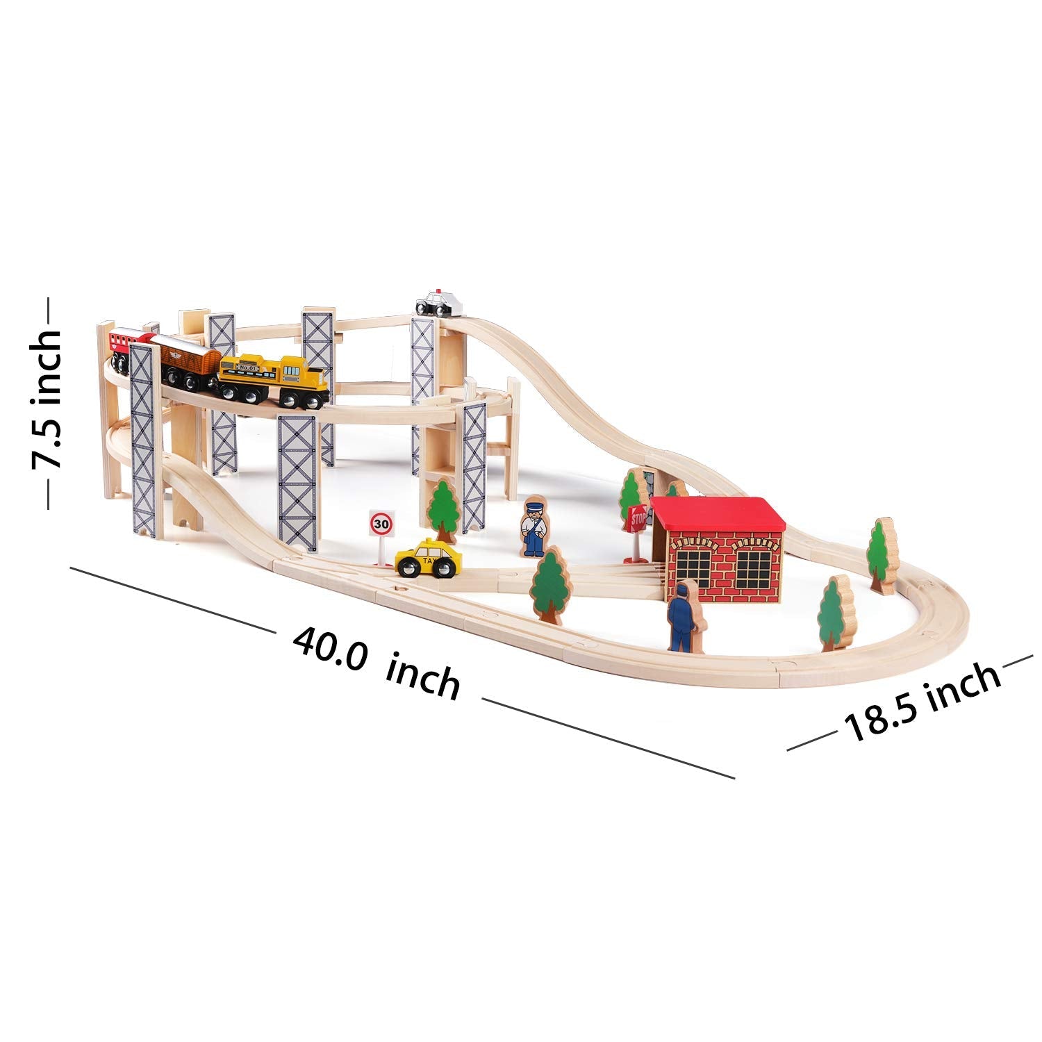 SainSmart Jr. Wooden Train Set Toy with Rail High Level Part, 50 PCS Flyover Overpass Wooden Train Playset with 5 Magnetic Train Cars for Toddlers