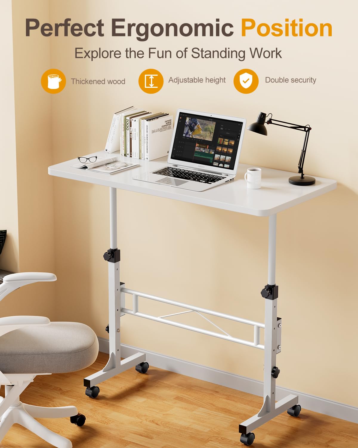 Small Standing Desk Adjustable Height, Mobile Stand Up Desk with Wheels,81 cm(white)