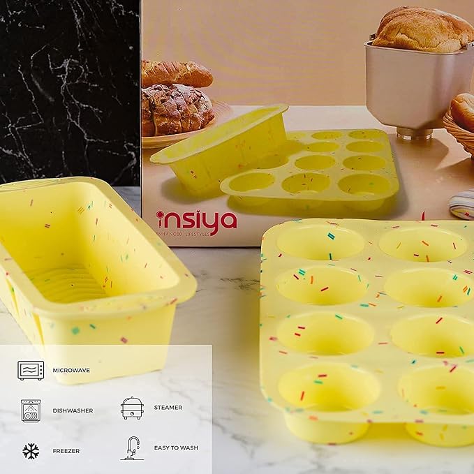 Insiya Set of 2 Silicone Baking Molds Includes 12 Holes Silicone Mold and Rectangular Mold For Baking Cakes