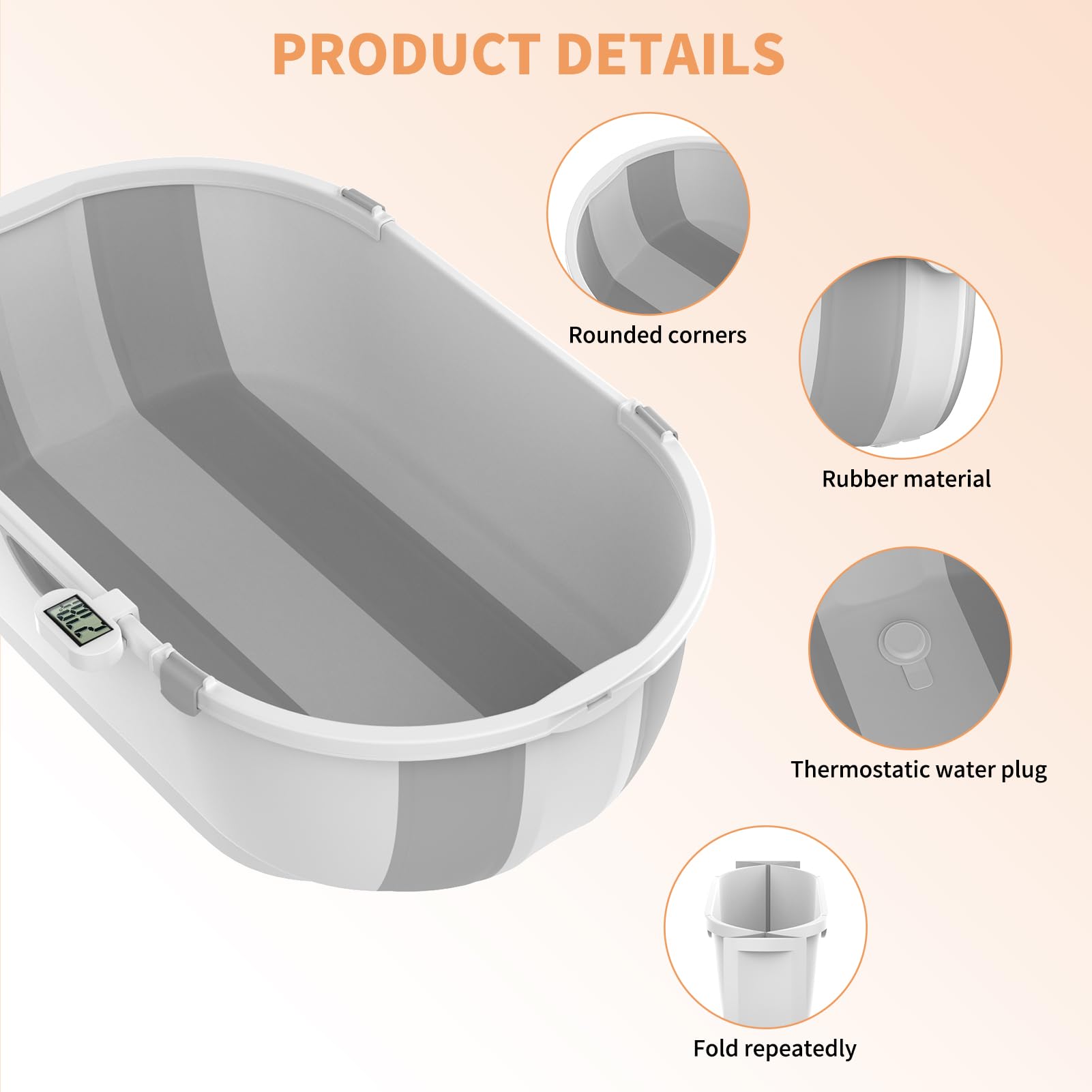 حوض استحمام قابل للطي للأطفال مع مقياس حرارة ومخرج تصريف، مناسب للأطفال من عمر 0 إلى 5 سنوات وحتى الأطفال الصغار (رمادي)