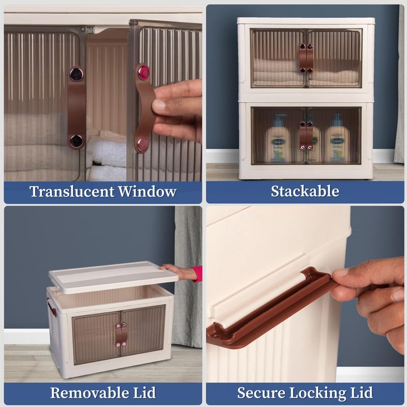 HomeStrap Plastic Rolling Stacker with Wheels (Pack Of 1) | Foldable Stackable Storage| Box Collapsible Storage Bins with Handle for Cloth, Spacesaver Organizer Storage Box with Door, Brown