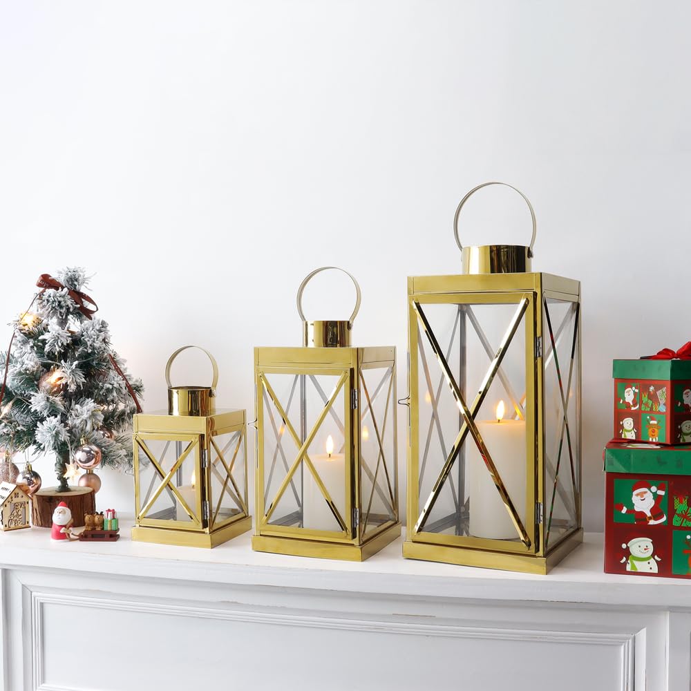 مجموعة فوانيس TRIROCKS الذهبية المصنوعة من الفولاذ المقاوم للصدأ، مكونة من 3 قطع مربعة أنيقة 20 / 30 / 40 سم