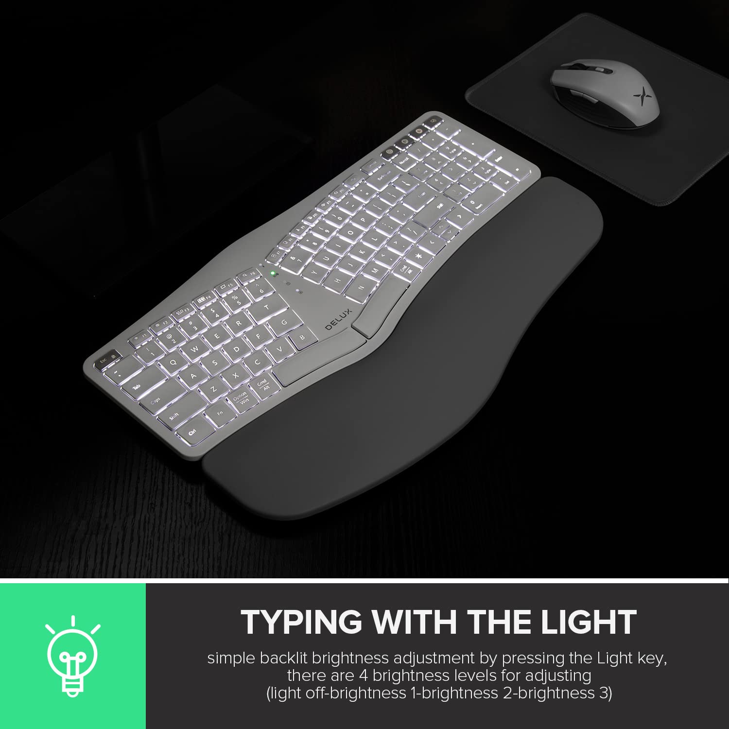 DeLUX Upgraded Ergonomic Wireless Ergo Split Keyboard with Backlit