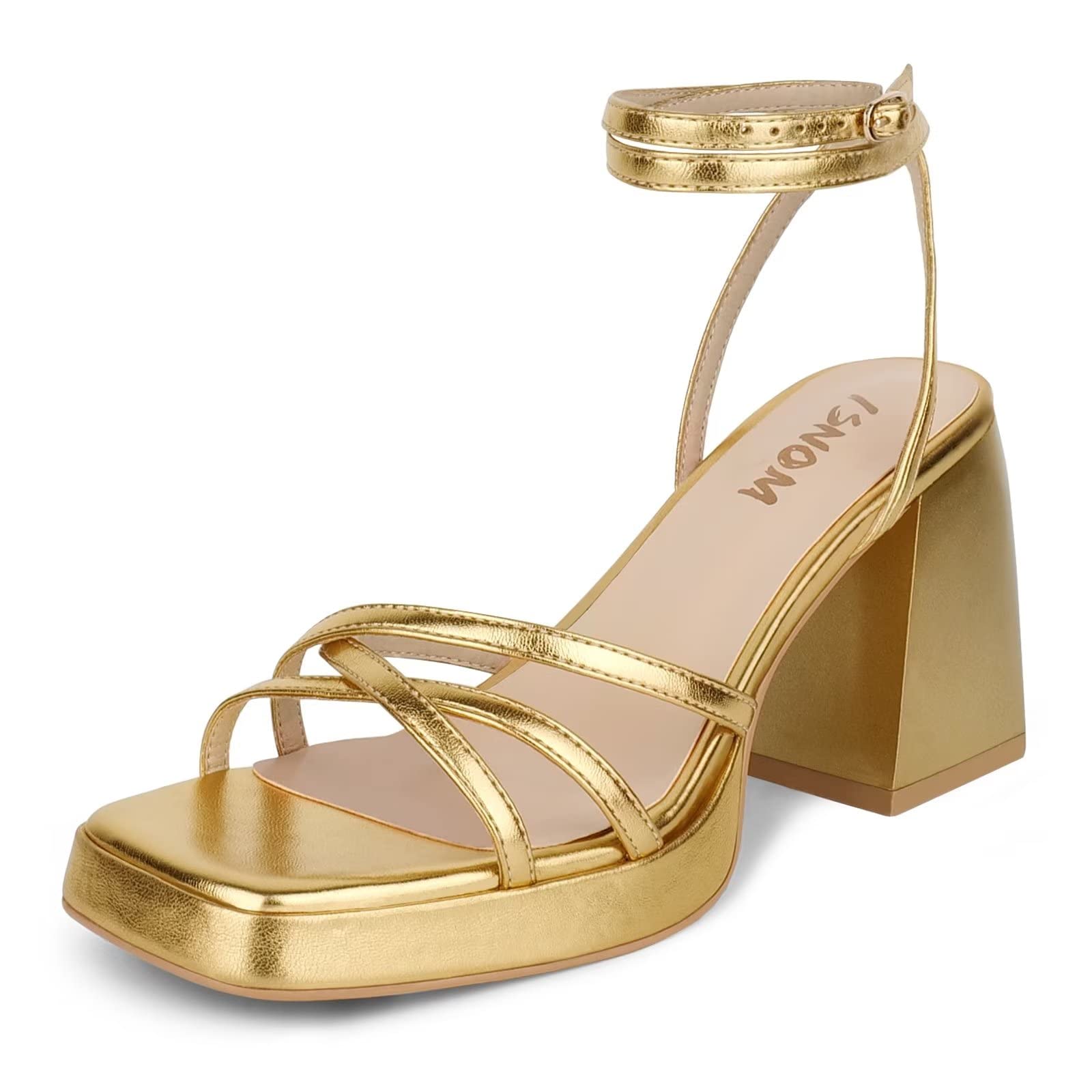 SIZE: 40.5 - ISNOM Lace Up Heels for Women Platform Heels, Low Chunky Strappy Heels for Women with Square Toe